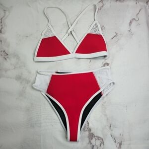 Hoaka Swim Bathing Suit Womens Medium Two Piece Bikini Neoprene Red White Mesh
